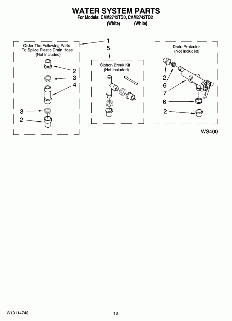 WATER SYSTEM PARTS, OPTIONAL PARTS (NOT INCLUDED) Diagram and Parts List for CAM2742TQ2  Whirlpool Washer