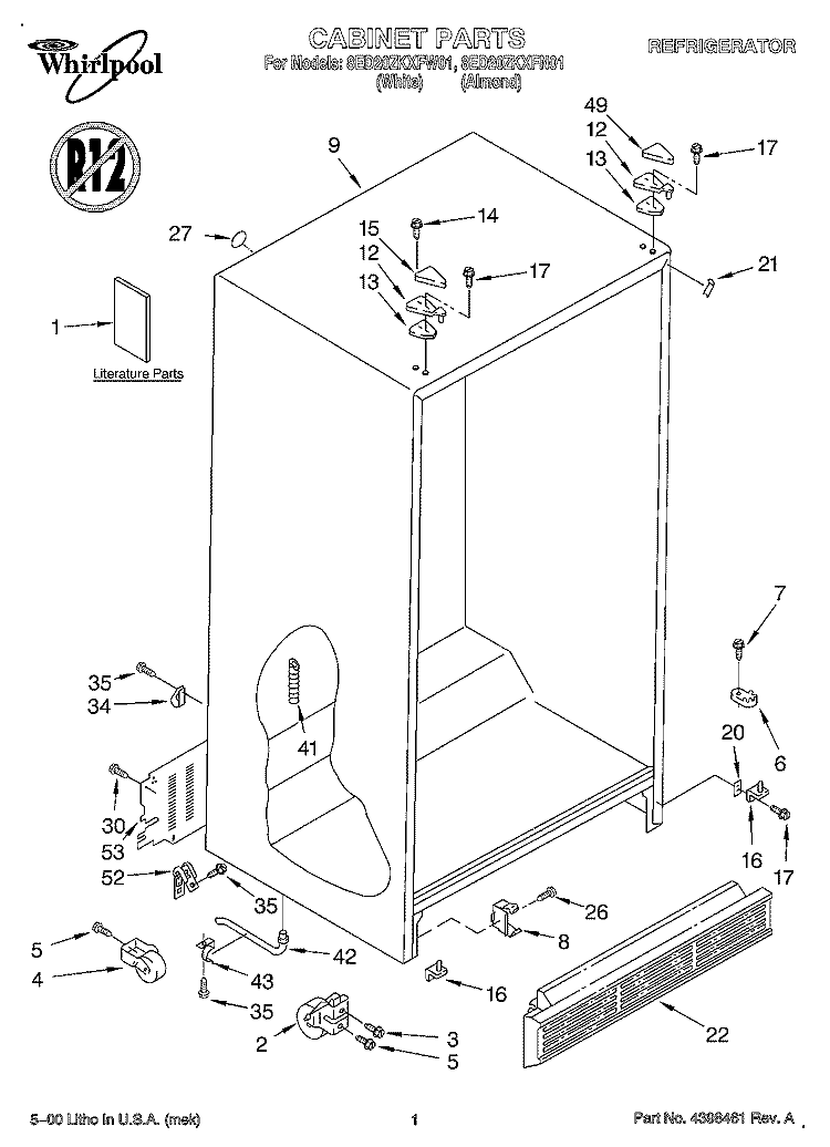 CABINET, LITERATURE Diagram and Parts List for 8ED20ZKXFN01  Whirlpool Refrigerator