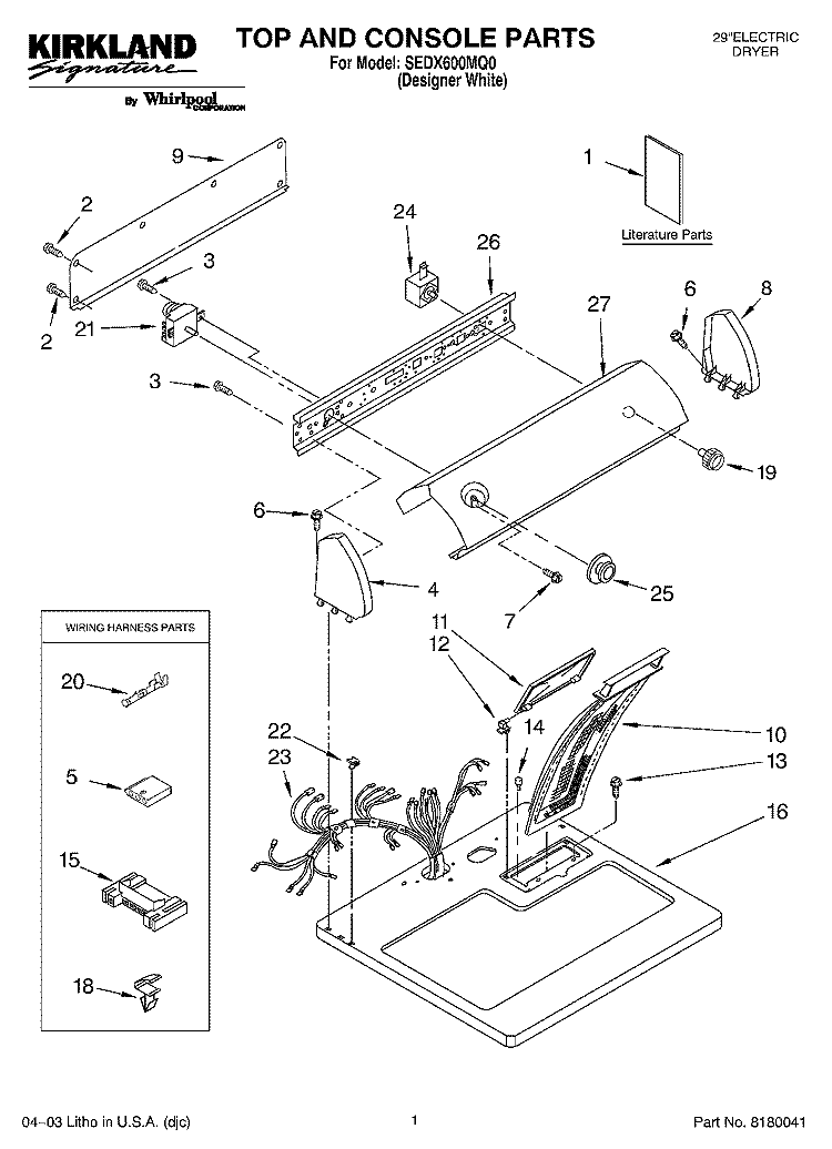 TOP AND CONSOLE PARTS OPTIONAL PARTS (NOT INCLUDED Diagram and Parts List for SEDX600MQ0  Whirlpool Dryer