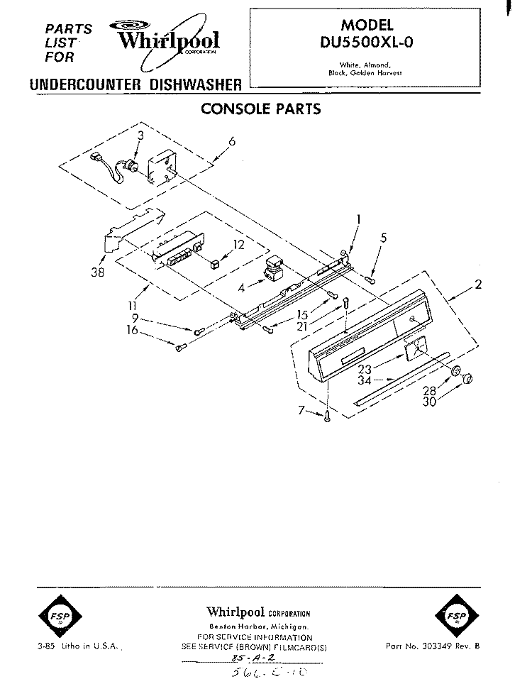 CONSOLE Diagram and Parts List for DU5500XL0  Whirlpool Dishwasher