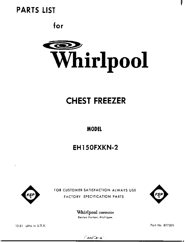 SECTION Diagram and Parts List for EH150FXKN2  Whirlpool Freezer