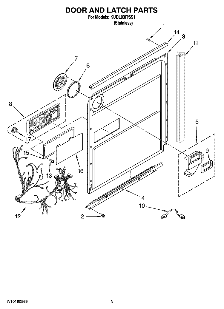 DOOR AND LATCH PARTS Diagram and Parts List for KUDL03ITSS1  KitchenAid Dishwasher