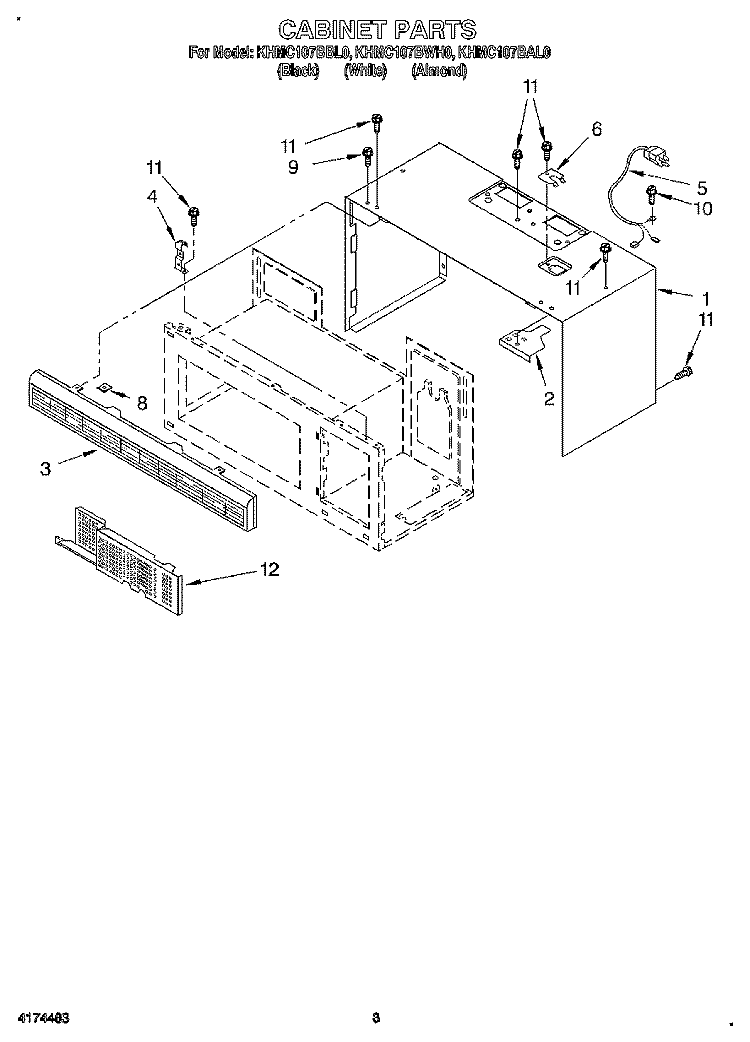 CABINET Diagram and Parts List for KHMC107BBL0  KitchenAid Microwave