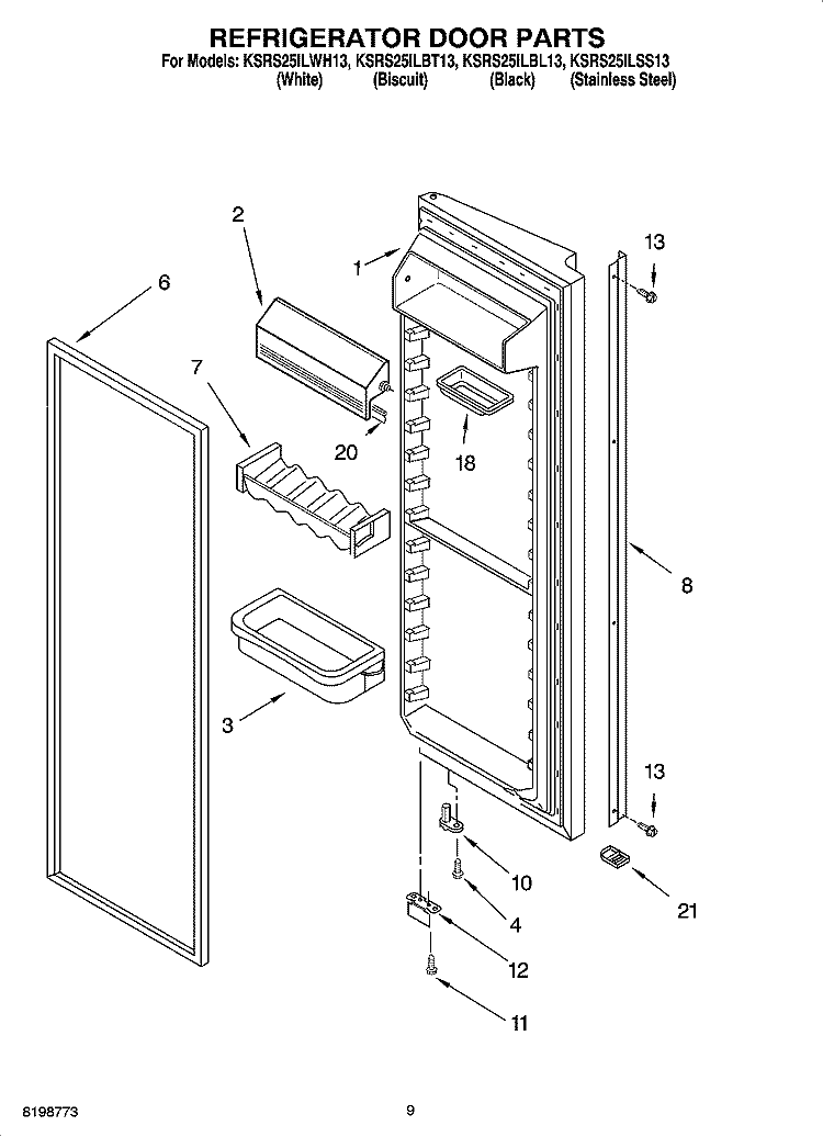 REFRIGERATOR DOOR PARTS Diagram and Parts List for KSRS25ILWH13  KitchenAid Refrigerator