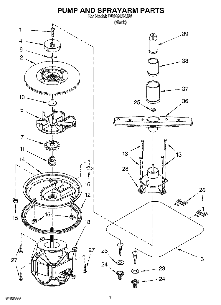 PUMP AND SPRAYARM Diagram and Parts List for DU018DWJX0  Whirlpool Dishwasher