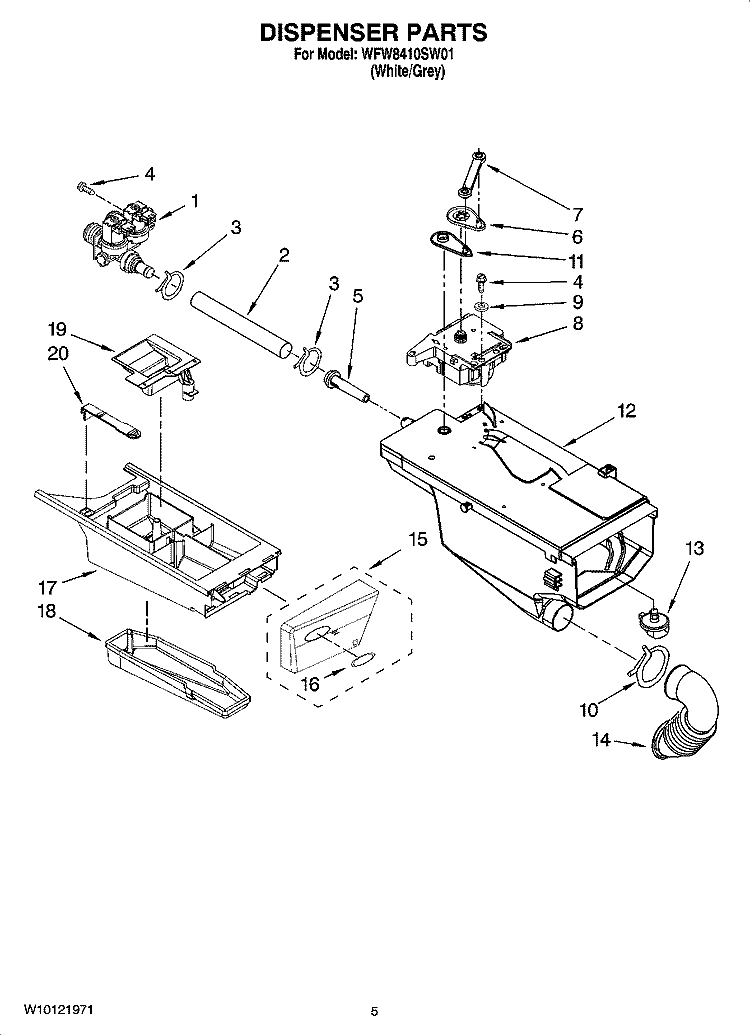DISPENSER PARTS Diagram and Parts List for WFW8410SW01  Whirlpool Washer