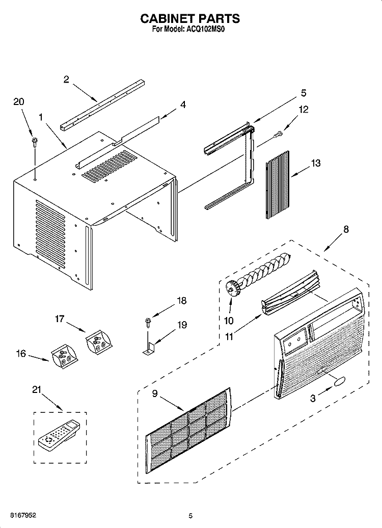 CABINET PARTS Diagram and Parts List for ACQ102MS0  Whirlpool Air Conditioner