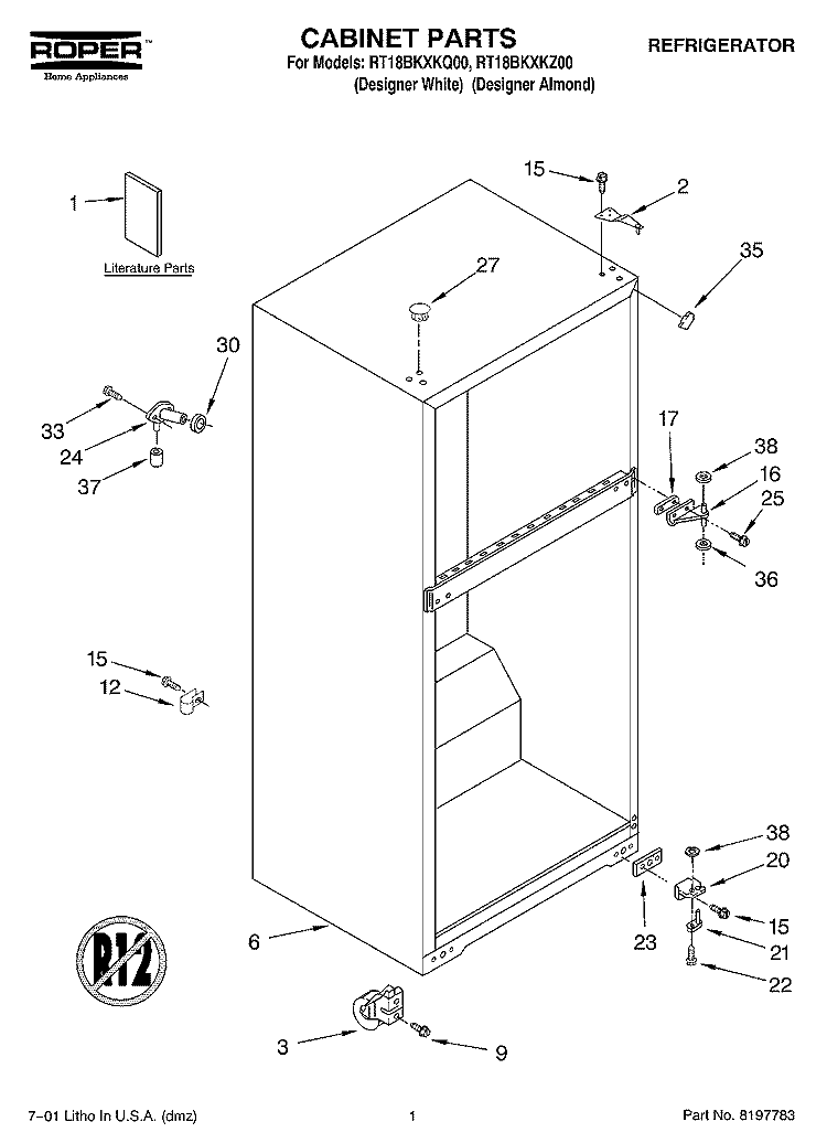 CABINET, LITERATURE Diagram and Parts List for RT18BKXKQ00  Roper Refrigerator