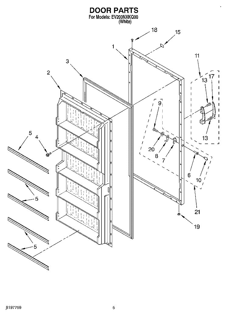 DOOR Diagram and Parts List for EV200NXKQ00  Whirlpool Freezer