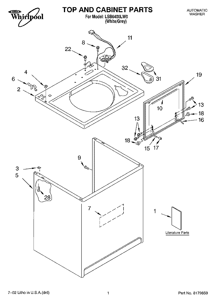 TOP AND CABINET, LITERATURE Diagram and Parts List for LSB6400LW0  Whirlpool Washer