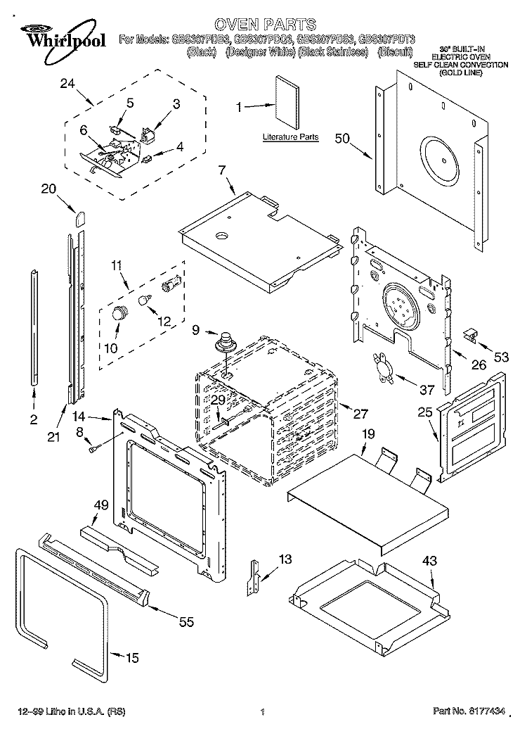 OVEN, LITERATURE Diagram and Parts List for GBS307PDB3  Whirlpool Wall Oven