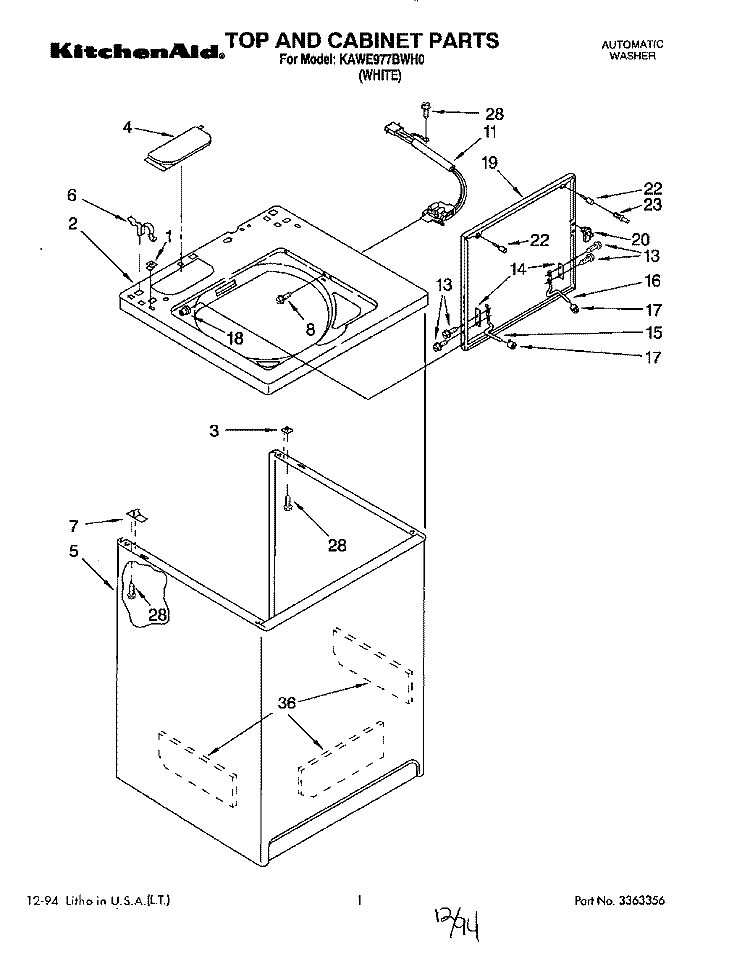 TOP AND CABINET, LIT/OPTIONAL Diagram and Parts List for KAWE977BWH0  KitchenAid Washer