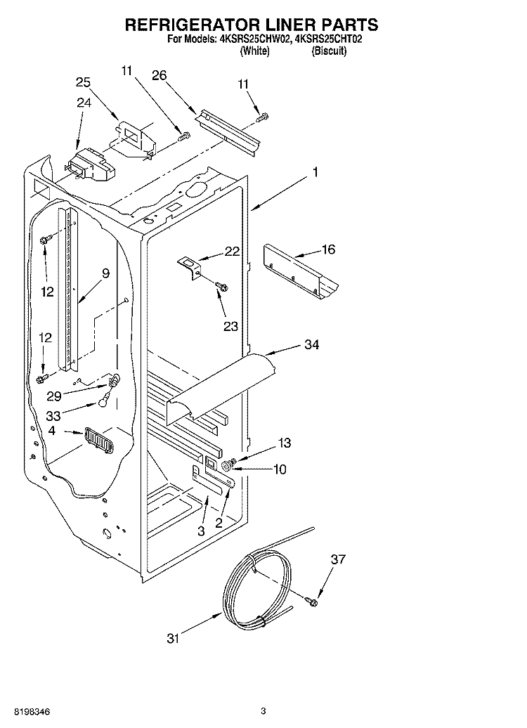 REFRIGERATOR LINER Diagram and Parts List for 4KSRS25CHW02  KitchenAid Refrigerator