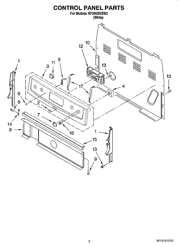 CONTROL PANEL PARTS Diagram and Parts List for RF260BXSW2  Whirlpool Range