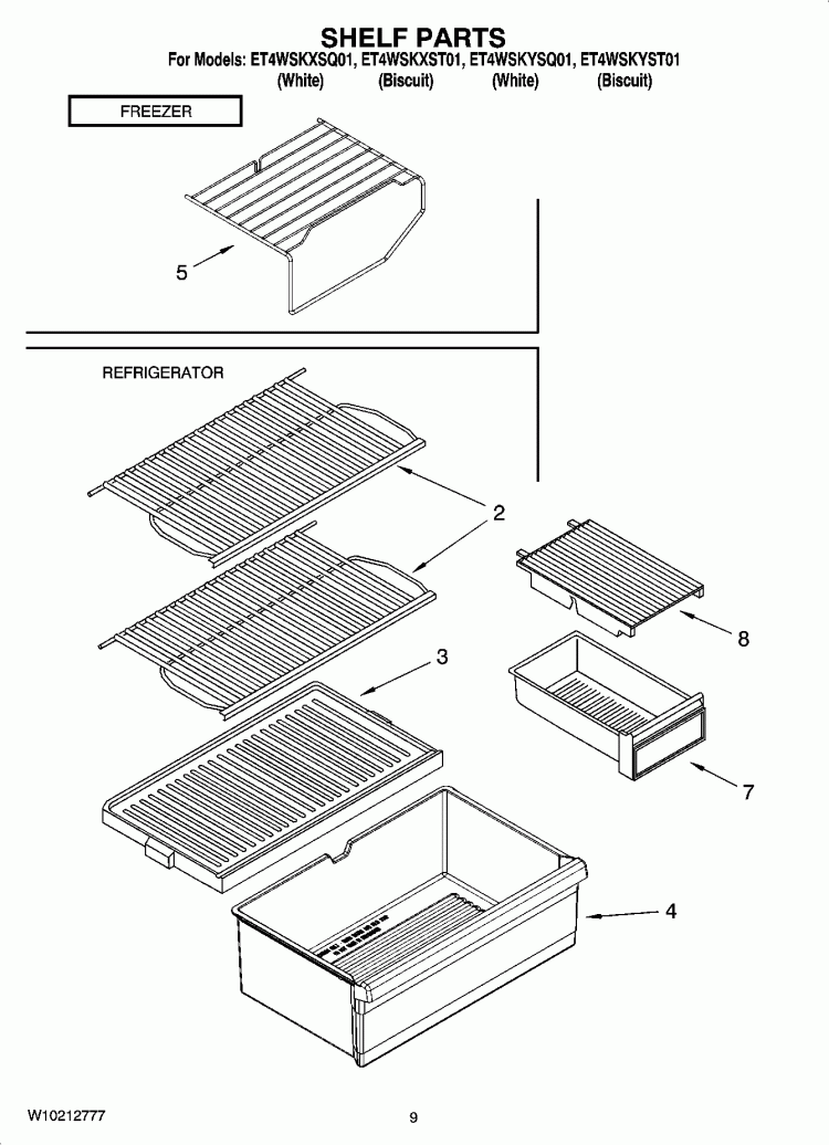 SHELF PARTS, OPTIONAL PARTS (NOT INCLUDED) Diagram and Parts List for ET4WSKXST01  Whirlpool Refrigerator