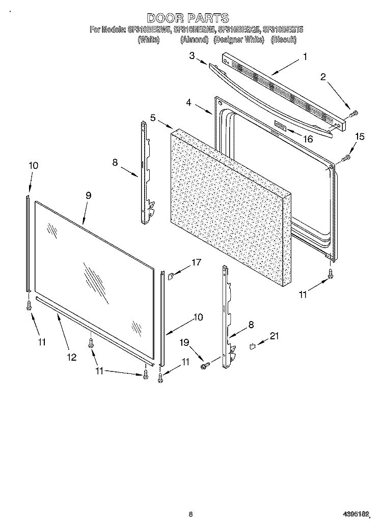 DOOR, OPTIONAL Diagram and Parts List for SF310BEGW5  Whirlpool Range