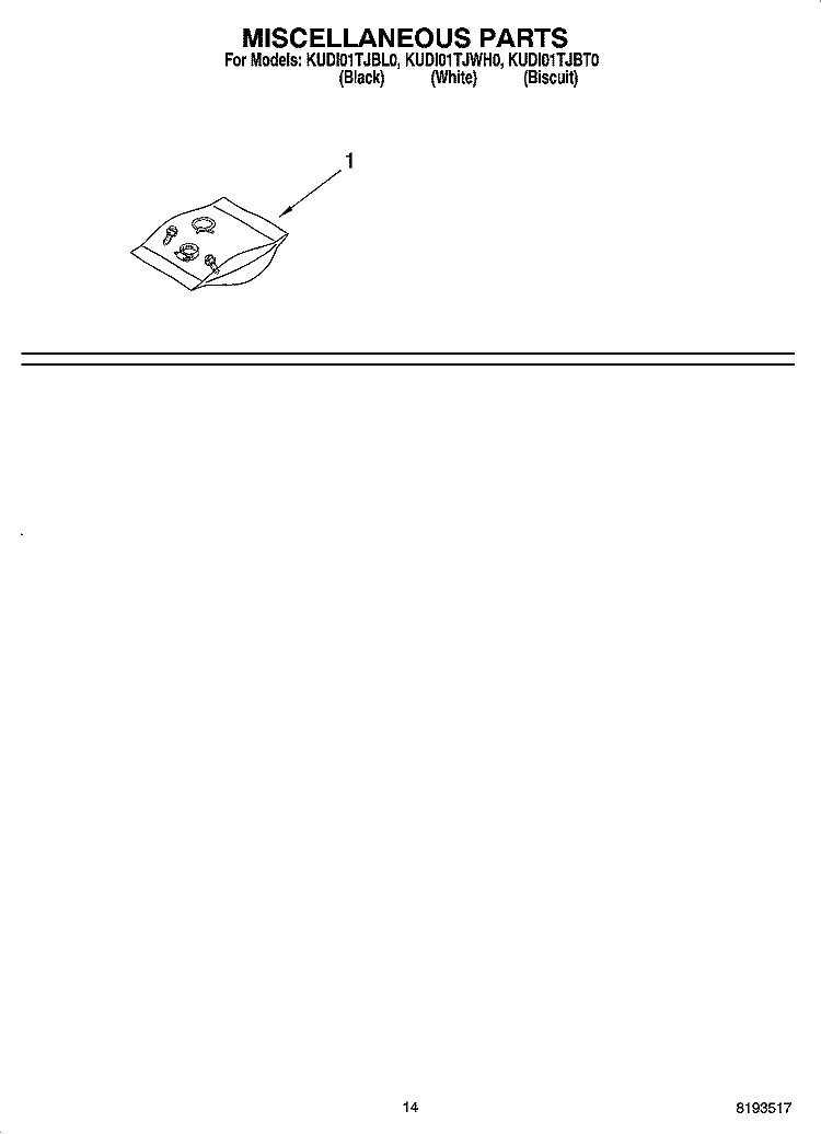 MISCELLANEOUS PARTS OPTIONAL PARTS (NOT INCLUDED) Diagram and Parts List for KUDI01TJBL0  KitchenAid Dishwasher