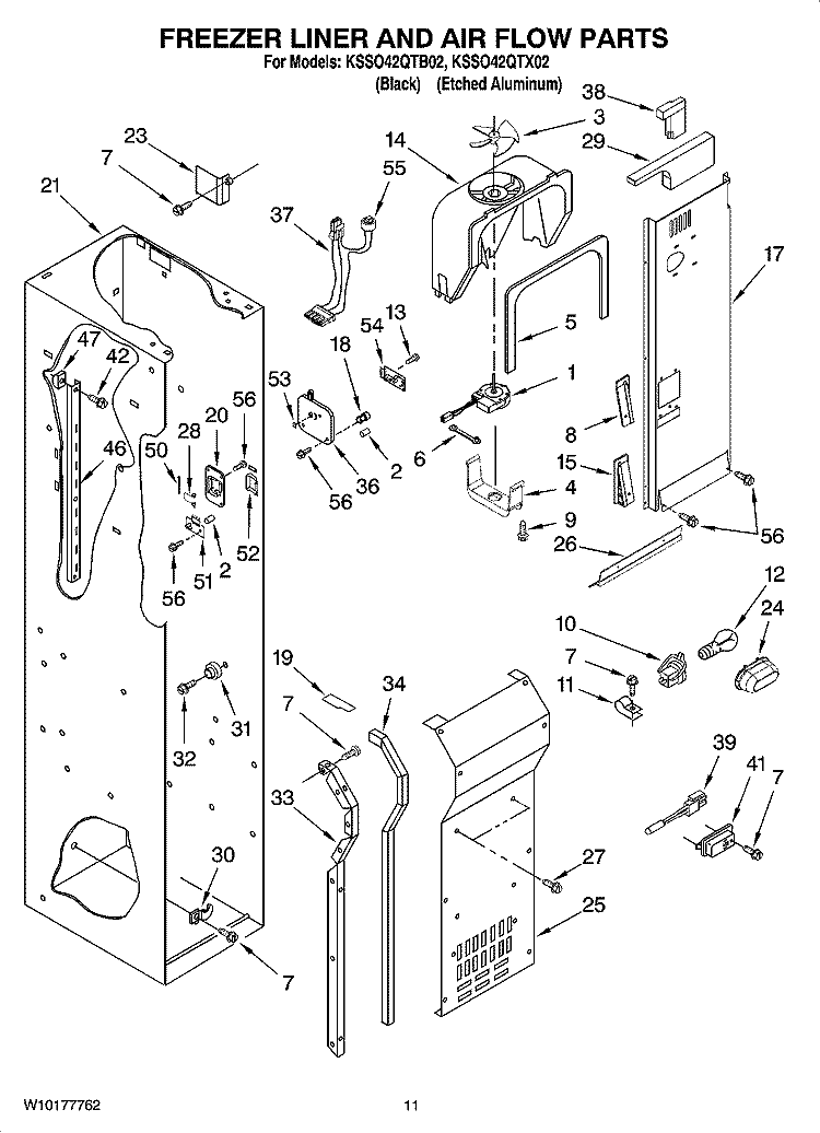 FREEZER LINER AND AIR FLOW PARTS Diagram and Parts List for KSSO42QTX02  KitchenAid Refrigerator