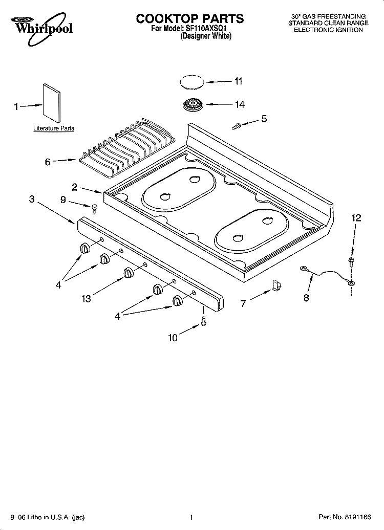 COOKTOP PARTS Diagram and Parts List for SF110AXSQ1  Whirlpool Range