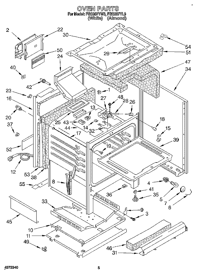 OVEN Diagram and Parts List for FGS387YW3  Roper Range