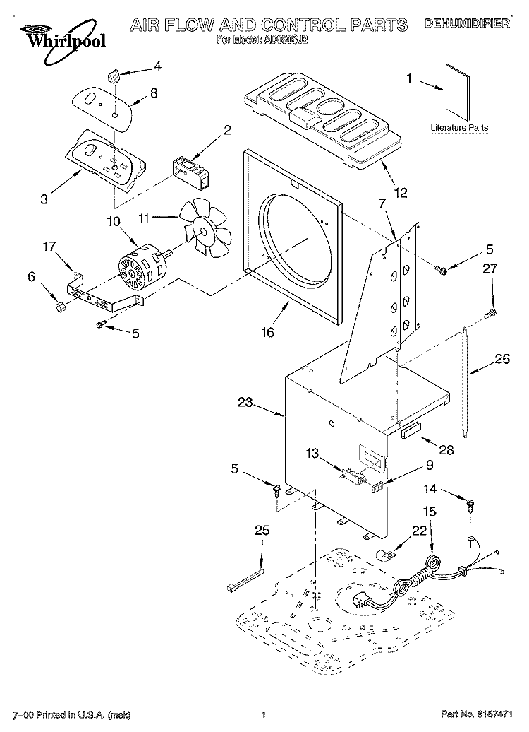 SECTION Diagram and Parts List for AD050SJ2  Whirlpool Dehumidifier