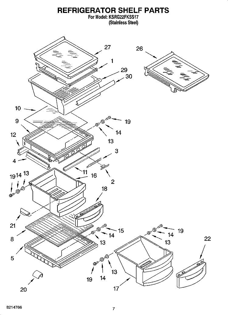 REFRIGERATOR SHELF PARTS Diagram and Parts List for KSRG22FKSS17  KitchenAid Refrigerator