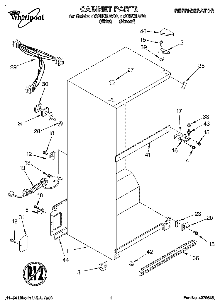CABINET Diagram and Parts List for ET20NKXDW00  Whirlpool Refrigerator