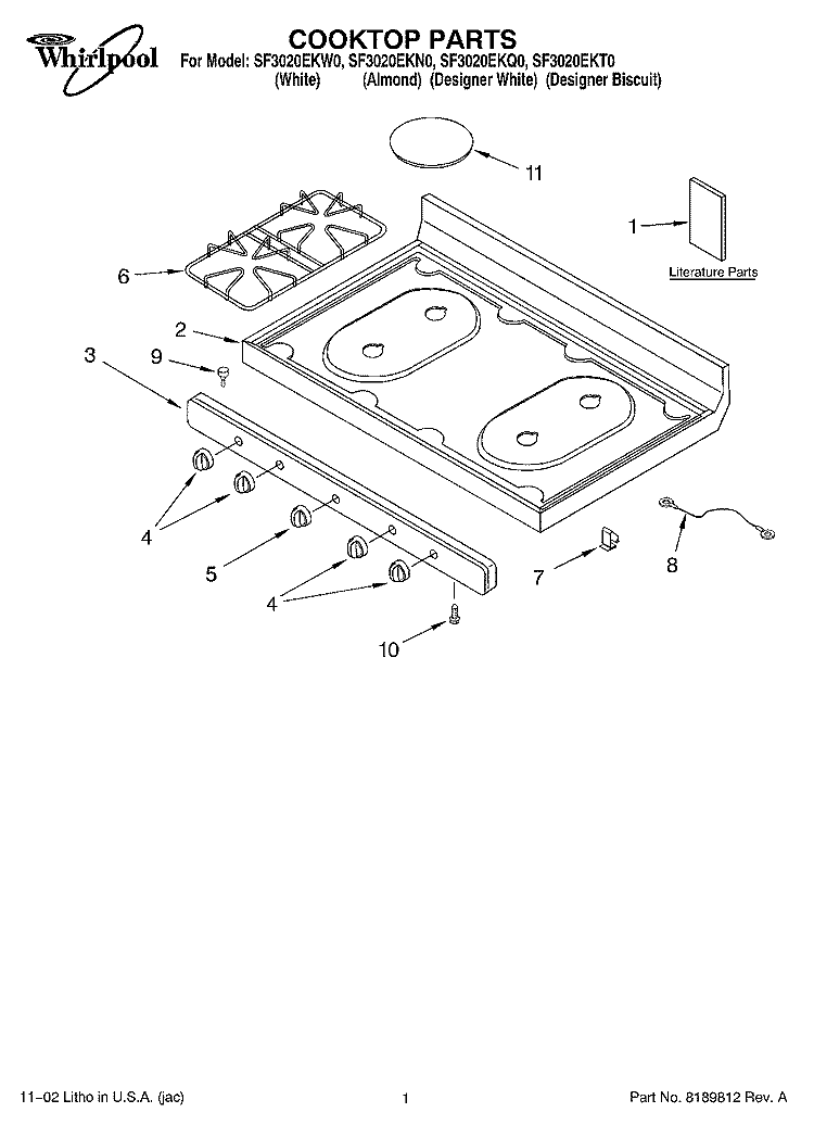COOKTOP, LITERATURE Diagram and Parts List for SF3020EKT0  Whirlpool Range
