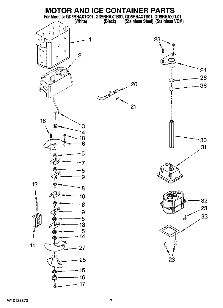 MOTOR AND ICE CONTAINER PARTS Diagram and Parts List for GD5RHAXTL01  Whirlpool Refrigerator