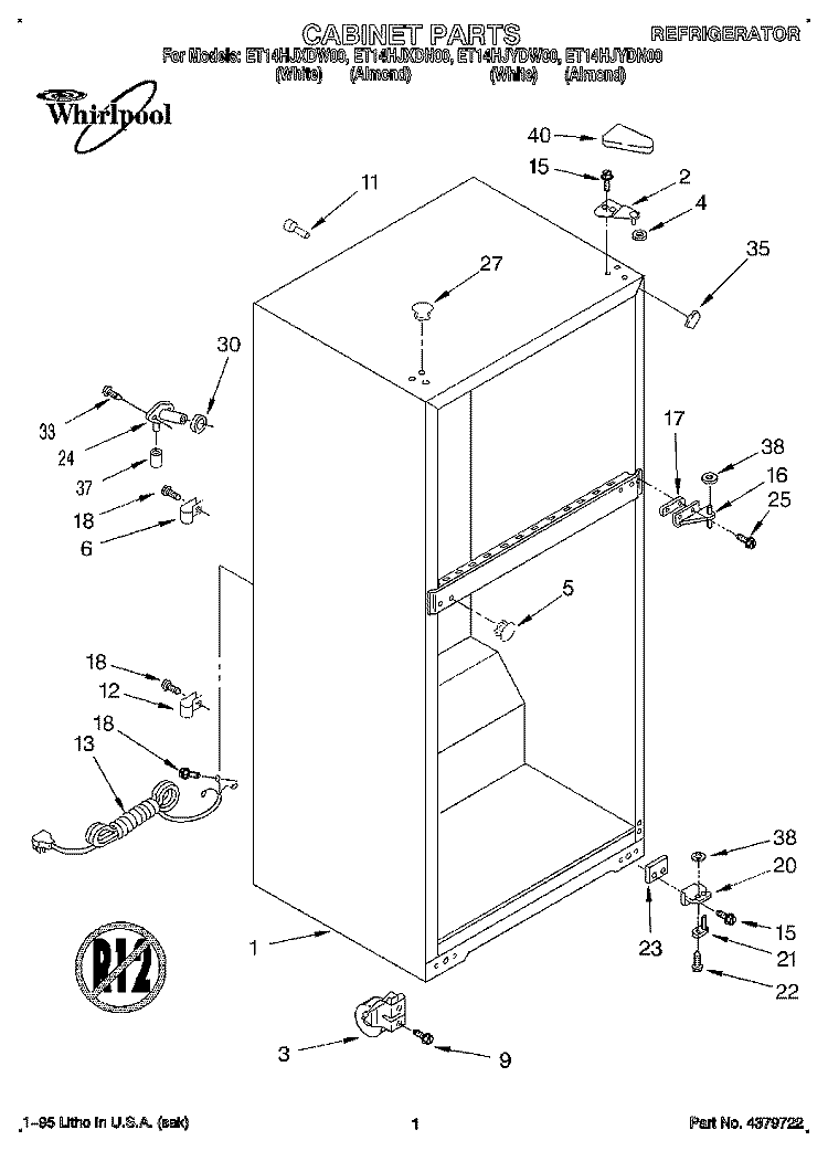 CABINET Diagram and Parts List for ET14HJXDN00  Whirlpool Refrigerator