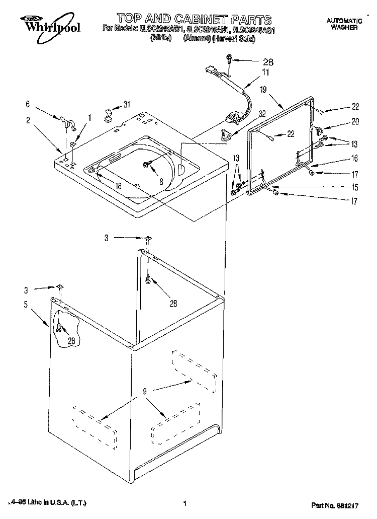 TOP AND CABINET, LIT/OPTIONAL Diagram and Parts List for 8LSC8245AW1  Whirlpool Washer