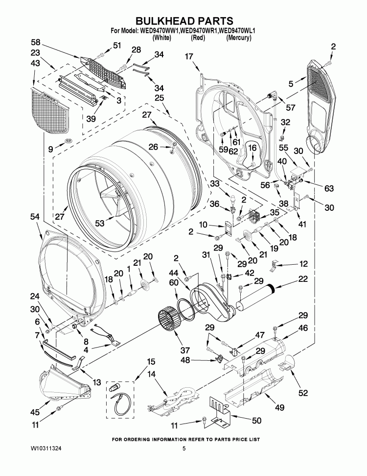 BULKHEAD PARTS Diagram and Parts List for WED9470WW1  Whirlpool Dryer