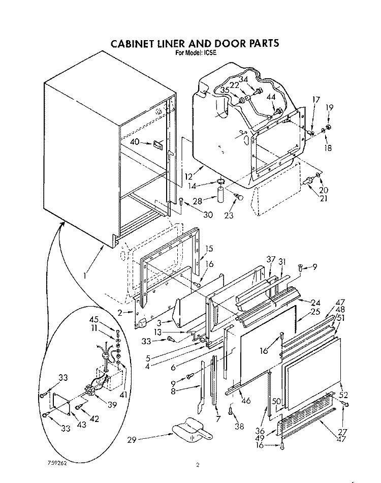 CABINET LINER AND DOOR Diagram and Parts List for IC5E  Whirlpool Ice Maker