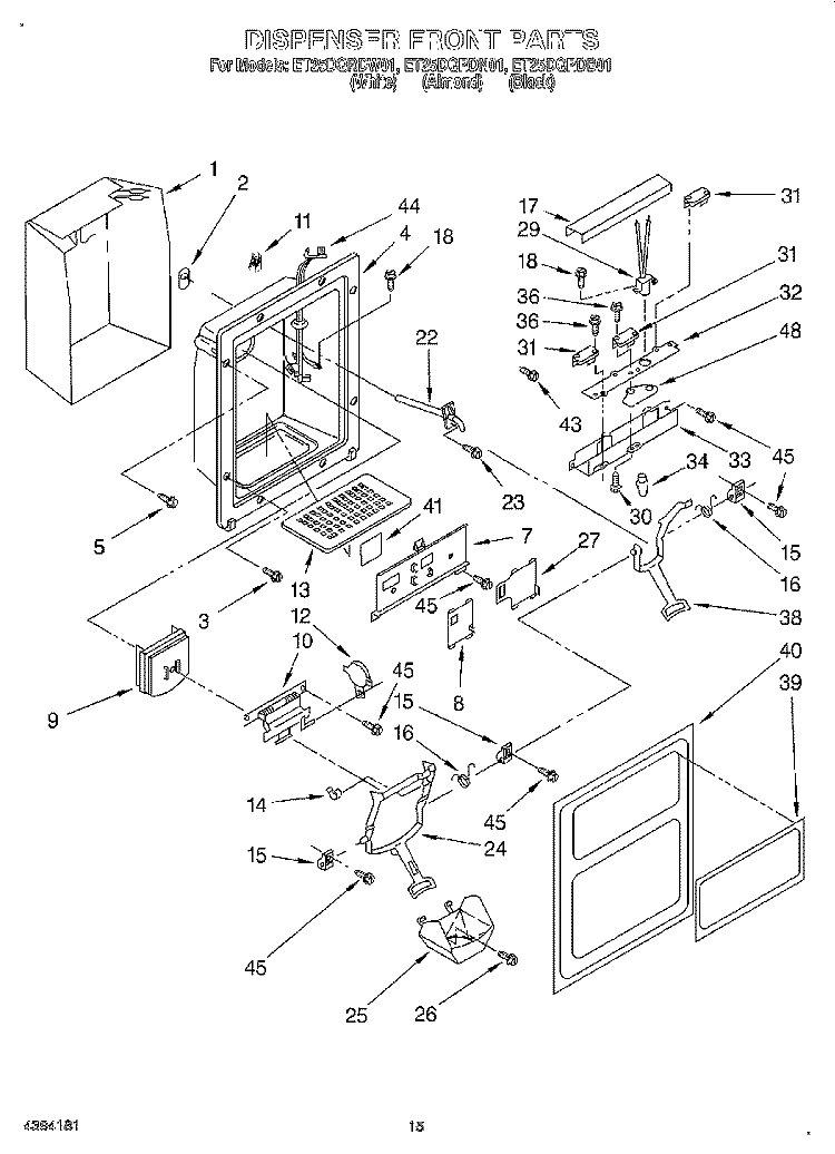 DISPENSER FRONT Diagram and Parts List for ET25DQRDB01  Whirlpool Refrigerator