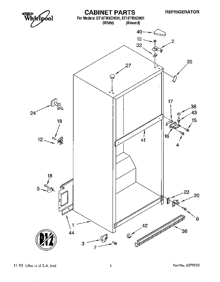 CABINET Diagram and Parts List for ET18TMXDN01  Whirlpool Refrigerator