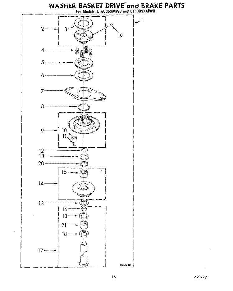 WASHER BASKET DRIVE AND BRAKE Diagram and Parts List for LT5005XMW0  Whirlpool Washer Dryer Combo