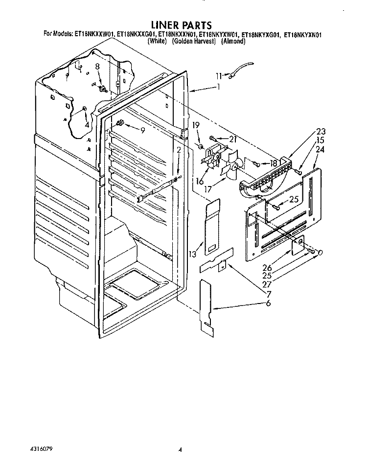LINER Diagram and Parts List for ET18NKXXG01  Whirlpool Refrigerator