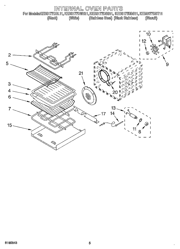 INTERNAL OVEN Diagram and Parts List for KEBS177DBL11  KitchenAid Wall Oven