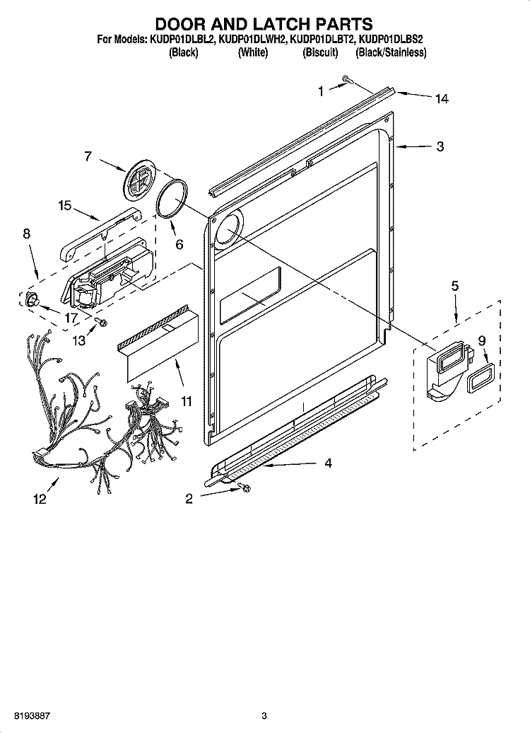 DOOR AND LATCH PARTS Diagram and Parts List for KUDP01DLBL2  KitchenAid Dishwasher