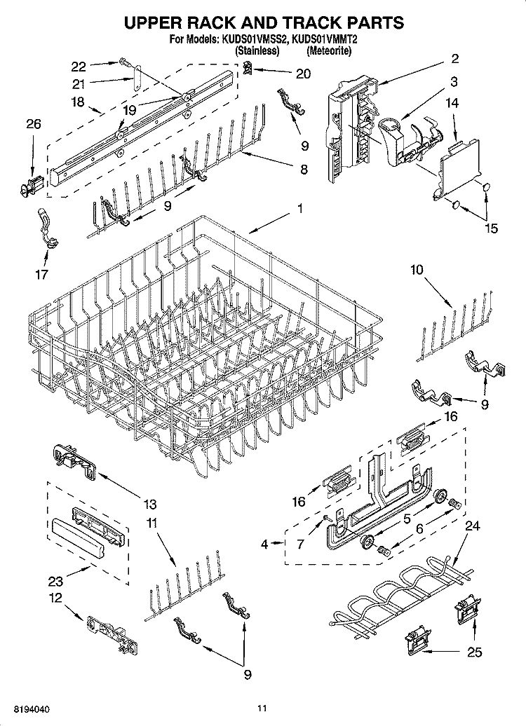 UPPER RACK AND TRACK PARTS Diagram and Parts List for KUDS01VMMT2  KitchenAid Dishwasher