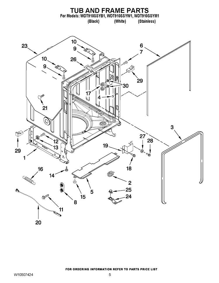 TUB AND FRAME PARTS Diagram and Parts List for WDT910SSYW1  Whirlpool Dishwasher