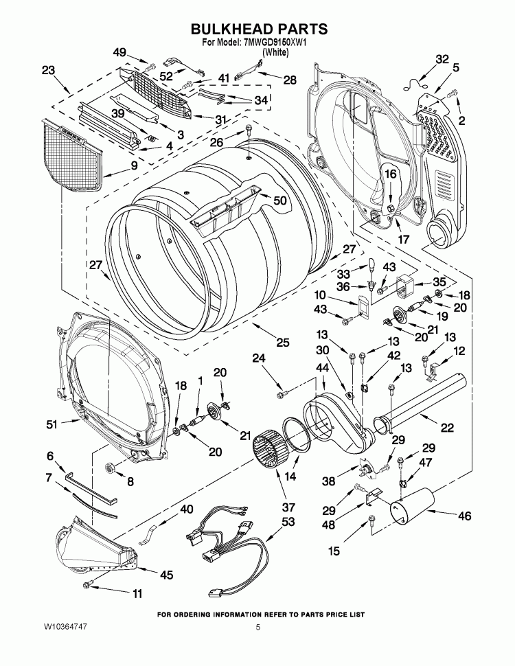 BULKHEAD PARTS Diagram and Parts List for 7MWGD9150XW1  Whirlpool Dryer