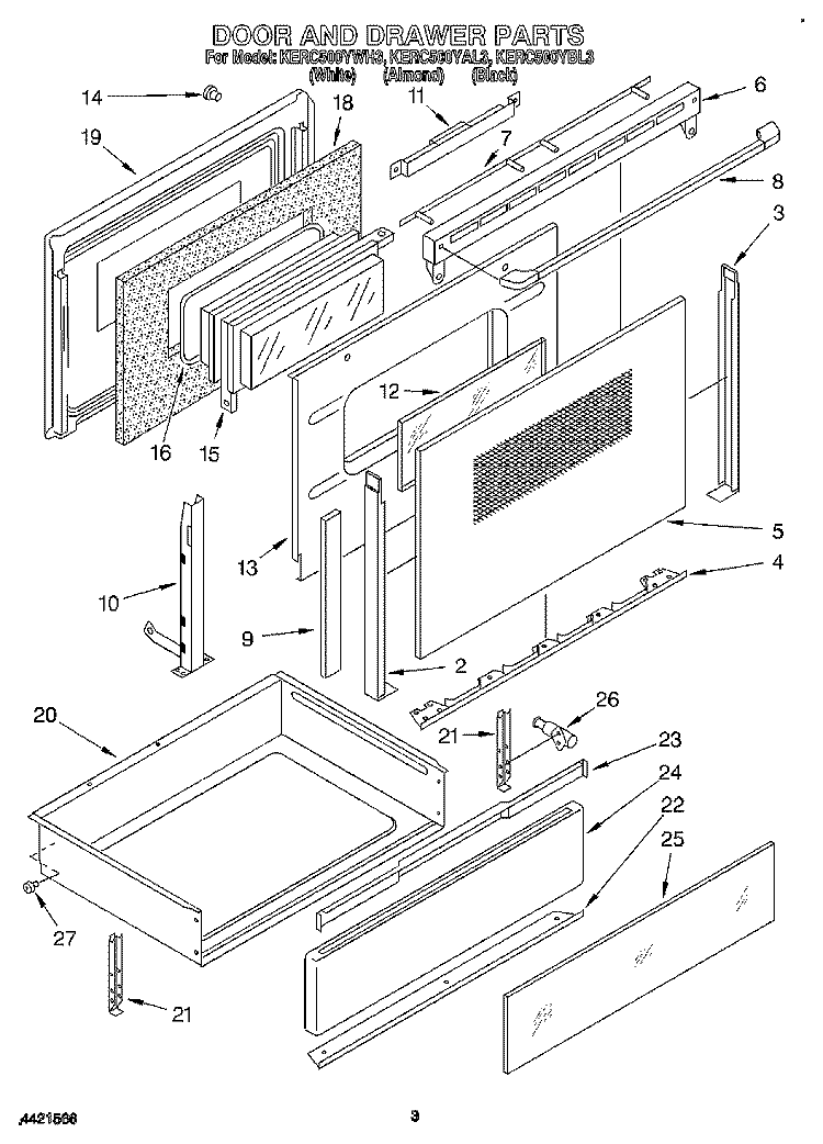 DOOR AND DRAWER Diagram and Parts List for KERC500YAL3  KitchenAid Range