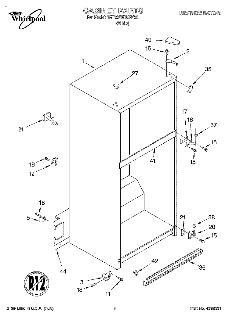 CABINET Diagram and Parts List for 7ET22DMXGW00  Whirlpool Refrigerator