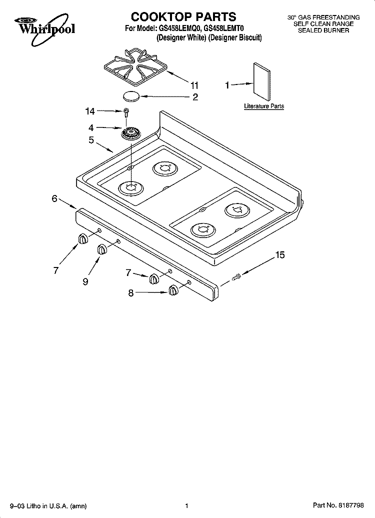 COOKTOP PARTS Diagram and Parts List for GS458LEMQ0  Whirlpool Range