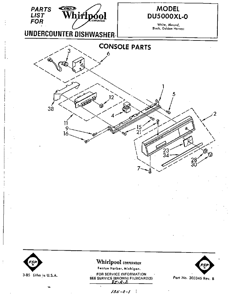 CONSOLE Diagram and Parts List for DU5000XL0  Whirlpool Dishwasher