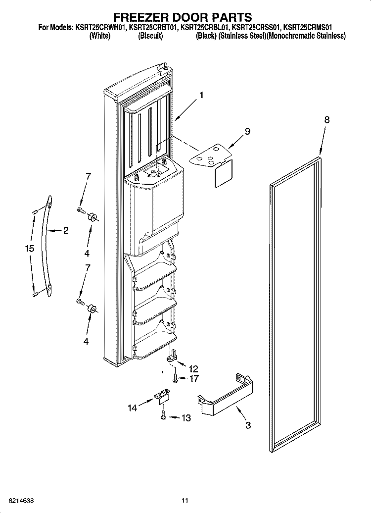 FREEZER DOOR PARTS Diagram and Parts List for KSRT25CRMS01  KitchenAid Refrigerator