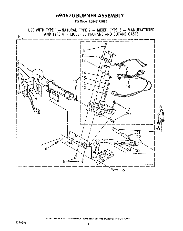 694670 BURNER Diagram and Parts List for LG9481XWW0  Whirlpool Dryer