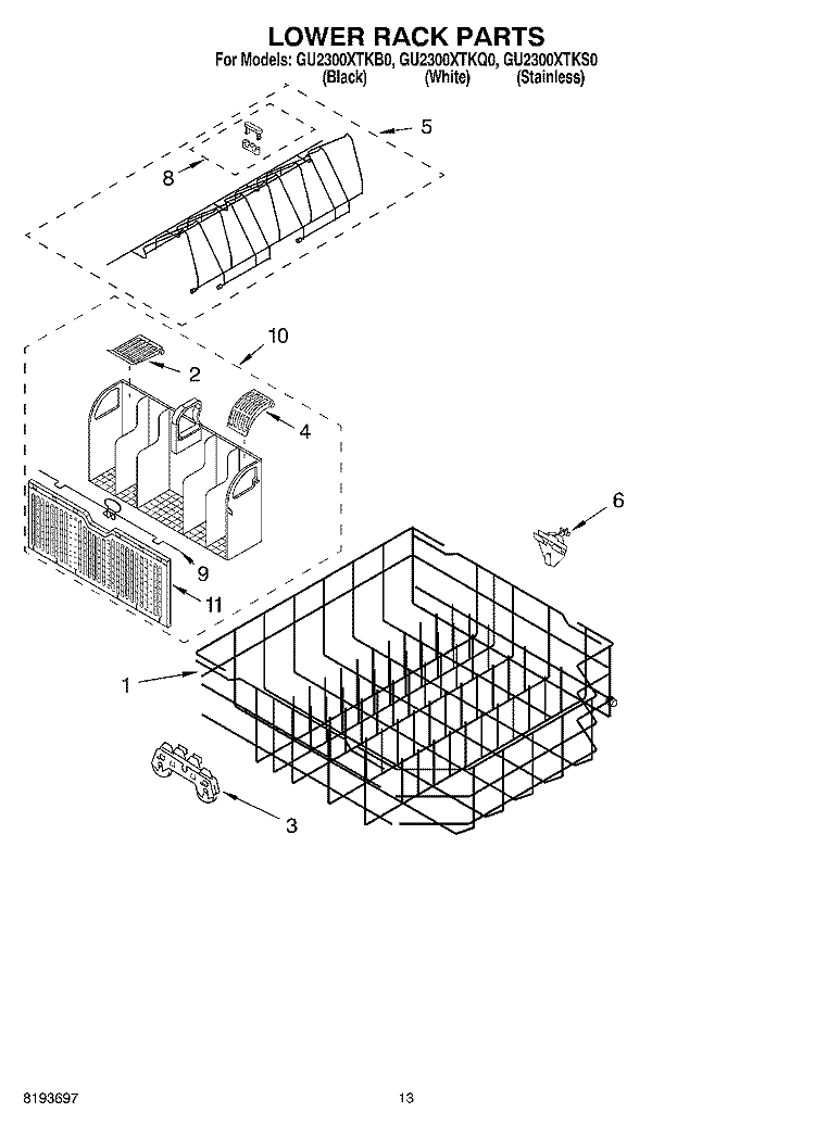 LOWER RACK Diagram and Parts List for GU2300XTKQ0  Whirlpool Dishwasher