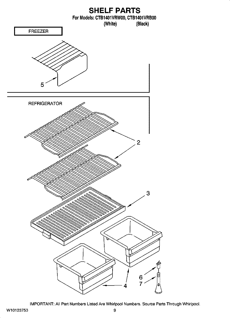 SHELF PARTS, OPTIONAL PARTS Diagram and Parts List for CTB1401VRW00  Whirlpool Refrigerator